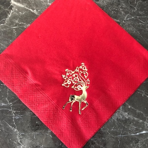 Tovaglioli da cena di qualità rosso brillante di Natale, 3 veli, 40 cm, con motivo renna/cervo in oro lucido