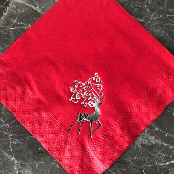 Serviettes de table 3 épaisseurs 40 cm de qualité rouge vif de Noël avec motif renne/cerf en argent brillant