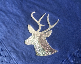 Christmas Party Napkins Serviettes tableware Indigo Blue, Sparkling Silver Stags Head design Quality 3ply