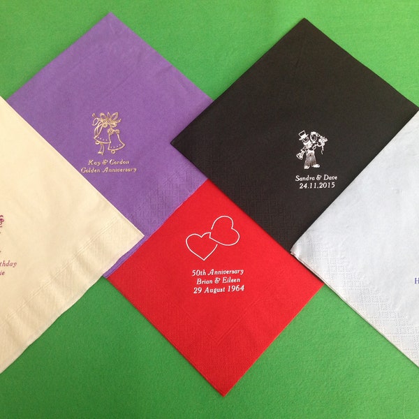 100 Personalised Napkins / Serviettes Quality 3ply Dinner, Wedding, Birthday, Anniversary, Party, Christening