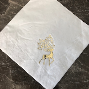 Christmas white quality 3ply 40cm dinner napkins serviettes with shiny gold reindeer stag design