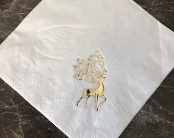 Christmas white quality 3ply 40cm dinner napkins serviettes with shiny gold reindeer stag design