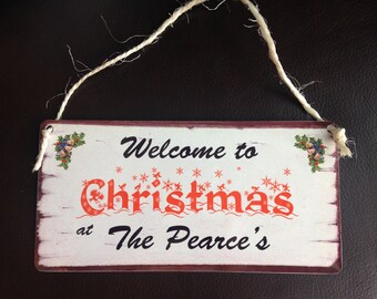 Family Name Christmas Sign / Plaque Personalised Xmas gift for Welcome Home made of metal