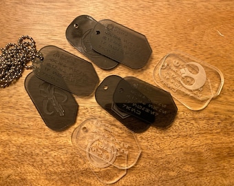 Star Wars-inspired dog tags -- customized in Aurebesh