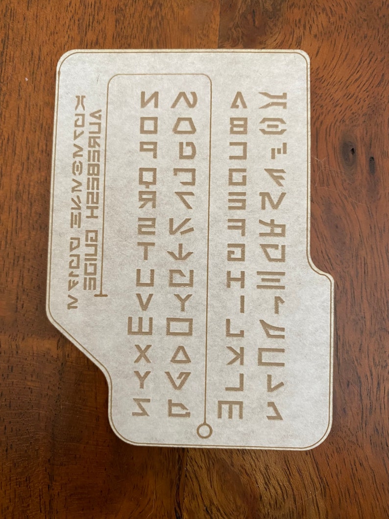 May include: A white card with a brown border and a brown circle in the center. The card has a grid of symbols, with the text "Aurebesh  Guide" and "Universal  Alphabet" on the left side.