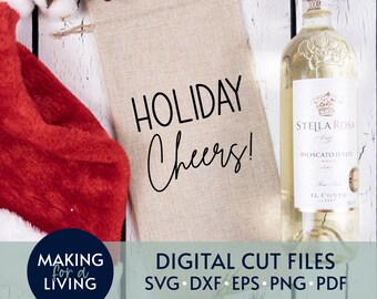 May include: A burlap wine bag with the text "HOLIDAY Cheers!" printed on it. A bottle of Stella Rosa Moscato d'Asti wine is next to the bag. The bag and bottle are on a white wooden surface. The image also includes a red Santa hat and a green sprig of holly.