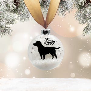 May include: A clear glass Christmas bauble with a black silhouette of a dog and the name "Ziggy" printed on it. The bauble is filled with white glitter and has a gold ribbon attached.