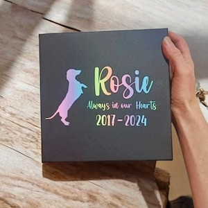 Peut inclure: Boîte noire avec une silhouette de teckel arc-en-ciel et le texte "Rosie Always in our Hearts 2017-2024".
