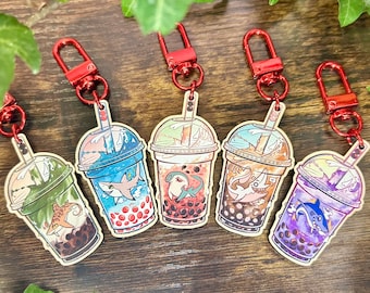 Bubble Tea Shark Wooden Keychains