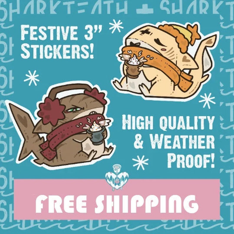 Puede incluir: Dos pegatinas de tibur&oacute;n festivas de 7,6 cm con gorros de invierno y bufandas que sostienen tazas de chocolate caliente. El texto "FESTIVE 3" STICKERS!" est&aacute; en la parte superior de la imagen. El texto "HIGH QUALITY & WEATHER PROOF!" est&aacute; en el medio de la imagen. El texto "FREE SHIPPING" est&aacute; en la parte inferior de la imagen.