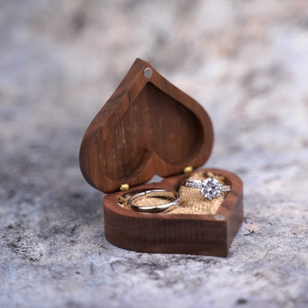 Engagement ring box made of Walnut wood, Wooden Wedding Ring Box, heart shaped ring holder, Anniversary Gift, custom Rustic Ring Bearer Box