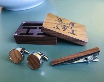 Personalized Wood Cufflinks and Tie clip gift set with Wooden box for Groom or Groomsmen Gifts, Monogram Wedding Gift Anniversary Cuff Links