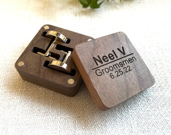Personalized Wood Cufflinks for Groom or Groomsmen Gifts, Engraved Wooden Cuff links set with Square walnut gift box, Wood Anniversary Gift