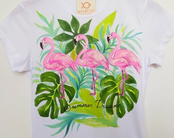 Hand painted flamingo t-shirt. Tropical t-shirt with three flamingos. Perfect gift for flamingo lovers!