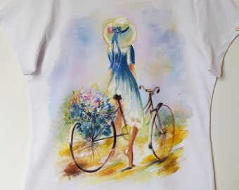 Romantisch handgeschilderd t-shirt, Meisje op een fiets shirt, Mooi cadeau voor haar