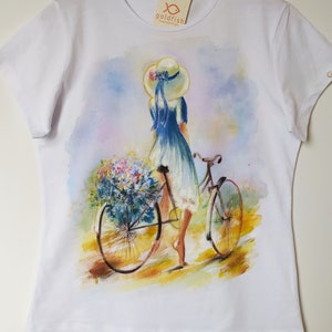 Romantic hand-painted t-shirt, Girl on a bike shirt, Beautiful gift for her