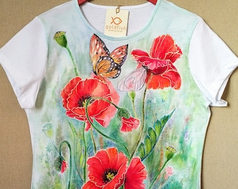 Hand-drawn Poppy flowers T-shirt for women. Butterfly t-shirt.
