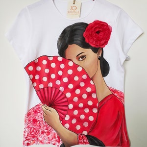 Hand-painted Spanish flamenco dancer, Dancer in Red with a dotted fan and flower brooch.