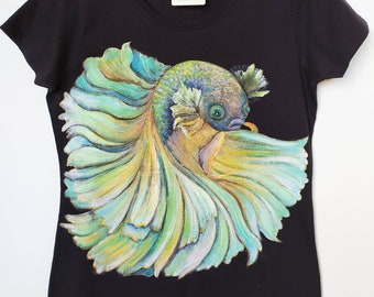 Hand-drawn Betta Fish T-shirt for women. Personalized gift, ready to ship!