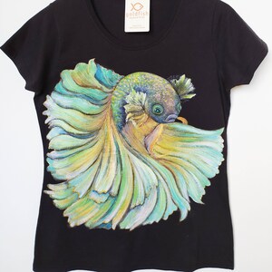 Hand-drawn Betta Fish T-shirt for women. Personalized and unique gift.