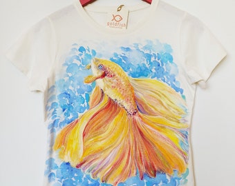 Hand-painted goldfish t-shirt. Handmade cotton t-shirt for women.