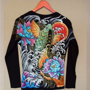 Hand-painted Japanese inspired design. Hand-drawn Yakuza style blouse for women. Unique gift, ready to ship!