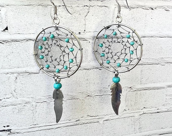 Turquoise Dream Catcher Earrings ~ Sterling Silver Earrings