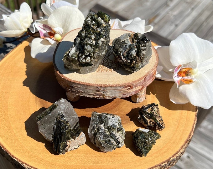 Natural Green Tourmaline and Epidote Cluster on Quartz