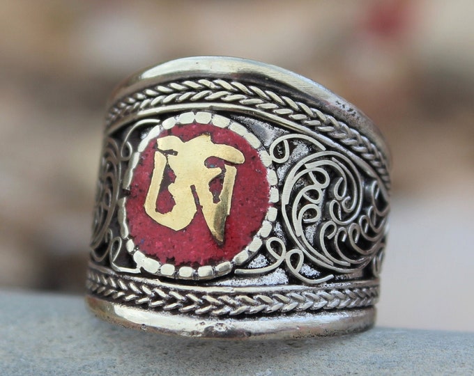 Mantra OM Red Adjustable Ring