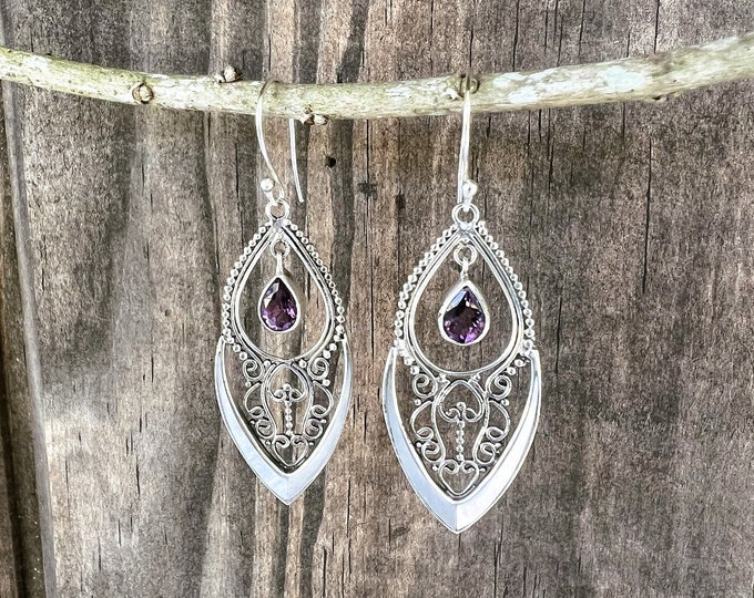 Amethyst and Mother Pearl Sterling Silver Earrings ~ Stone of PEACE ~ Bohemian Sterling Silver Earrings ~ Pearl Earrings ~ Gift For Her