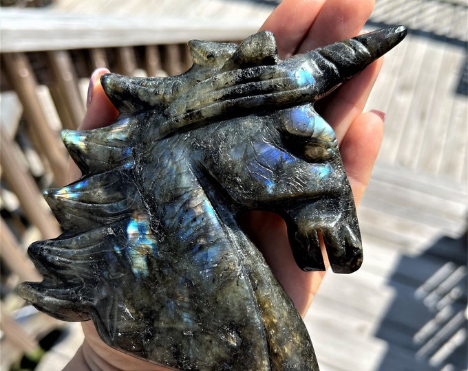 Unicorn Statue Labradorite Stone  ~ Large Hand-Carved Animal ~ Totem Fantasy Creature Crystal Healing Fairy Tale Sculpture Magic Chakra