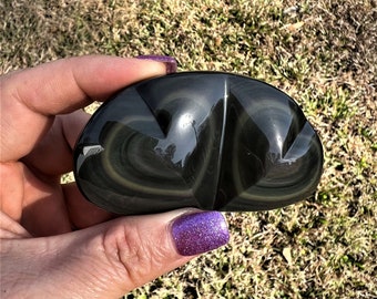 Rainbow Obsidian Double Heart, Hand Carved Black Obsidian Crystal Heart, Heart Black Obsidian , Reiki Chakra Healing Crystal, Crystal Gift