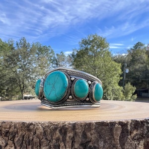 Turquoise Adjustable Bracelet for Cowgirl Cowboy Southwest Style Blue Stone Bangle for Boho Hippie Festival Goer Cuff Gift Idea for Him Her