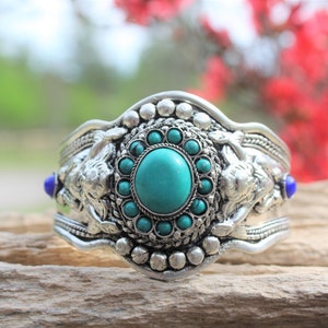 Turquoise Adjustable Bracelet for Cowgirl Cowboy Southwest Style Blue Stone Bangle for Boho Hippie Festival Goer Cuff Gift Idea for Him Her