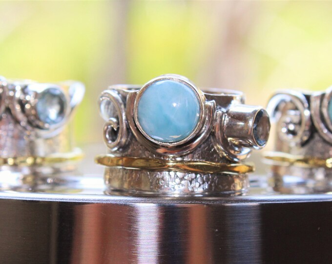 Larimar, Blue Topaz Sterling Silver Ring. Available Sizes 6, 7 or 9