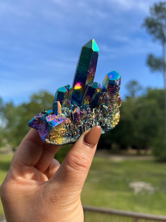 thumbnail image 2 of Natural Rainbow Aura Quartz Crystal Kyanite Titanium Cluster | Healing Stone Decor 2 of 4