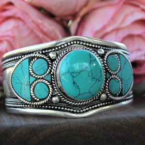 Turquoise Adjustable Bracelet for Cowgirl Cowboy Southwest Style Blue Stone Bangle for Boho Hippie Festival Goer Cuff Gift Idea for Him Her
