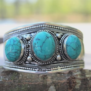 Turquoise verstelbare armband voor cowgirl cowboy zuidwesten stijl armband van blauwe steen voor Boho Hippie Festival Goer manchet cadeau-idee voor hem haar