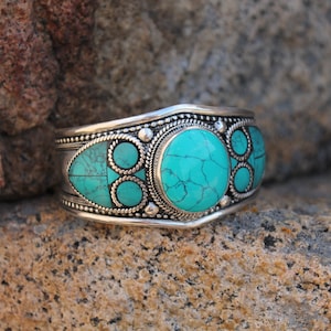 Turquoise Adjustable Bracelet for Cowgirl Cowboy Southwest Style Blue Stone Bangle for Boho Hippie Festival Goer Cuff Gift Idea for Him Her
