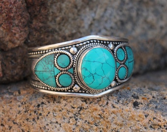 Turquoise Adjustable Bracelet for Cowgirl Cowboy Southwest Style Blue Stone Bangle for Boho Hippie Festival Goer Cuff Gift Idea for Him Her
