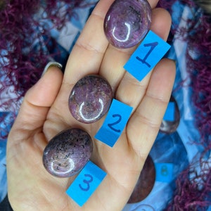 May include: Three purple and grey tumbled stones with numbers 1, 2, and 3 written on blue paper squares.