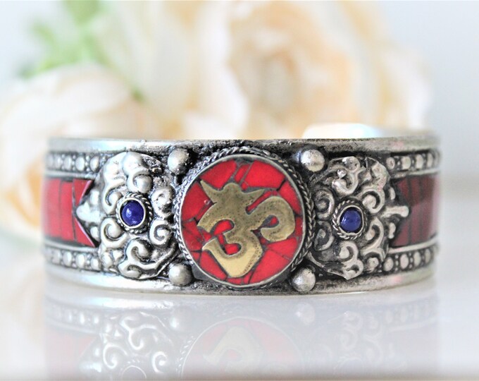 Coral Meditation Mantra Om Cuff Bracelet