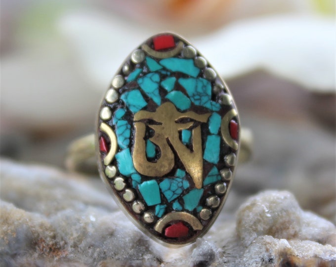 OM symbol Turquoise Coral Ring , Yoga Ring , Gift for Her