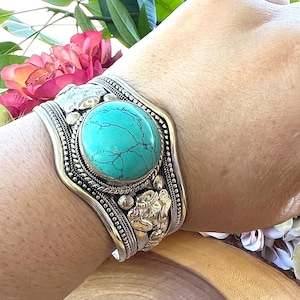 Turquoise Adjustable Bracelet for Cowgirl Cowboy Southwest Style Blue Stone Bangle for Boho Hippie Festival Goer Cuff Gift Idea for Him Her