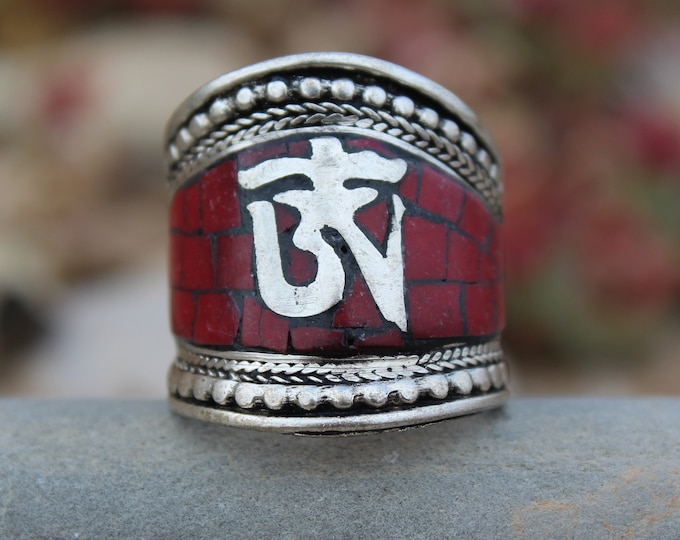 Mantra OM Red Adjustable Ring