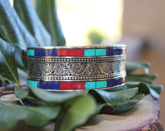 Turquoise, Lapis, Red stone Cuff Bracelet , Three stone Bracelet