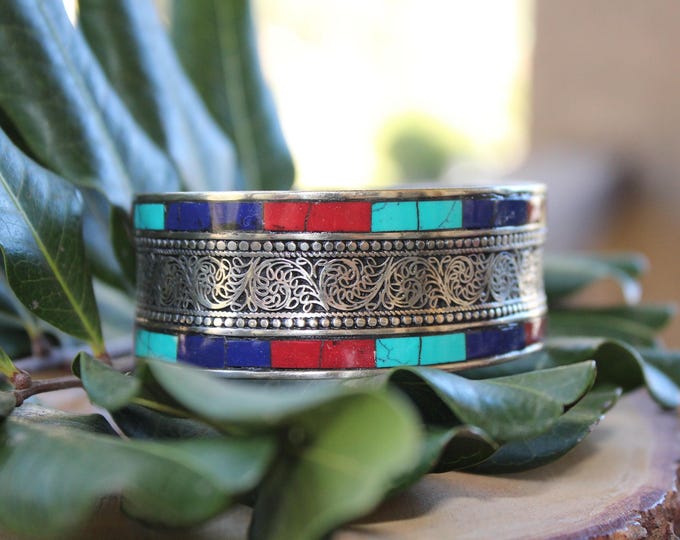 Turquoise, Lapis, Red stone Cuff Bracelet