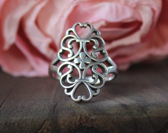 Sterling Silver Statement Ring, Ornate Scrollwork Design (Size 8)