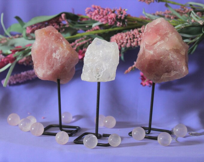 Raw Rose Quartz  on Metal Stand