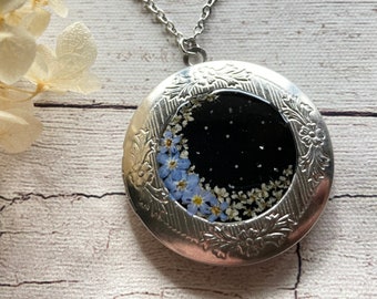 Night Sky Forget Me Not Locket Necklace